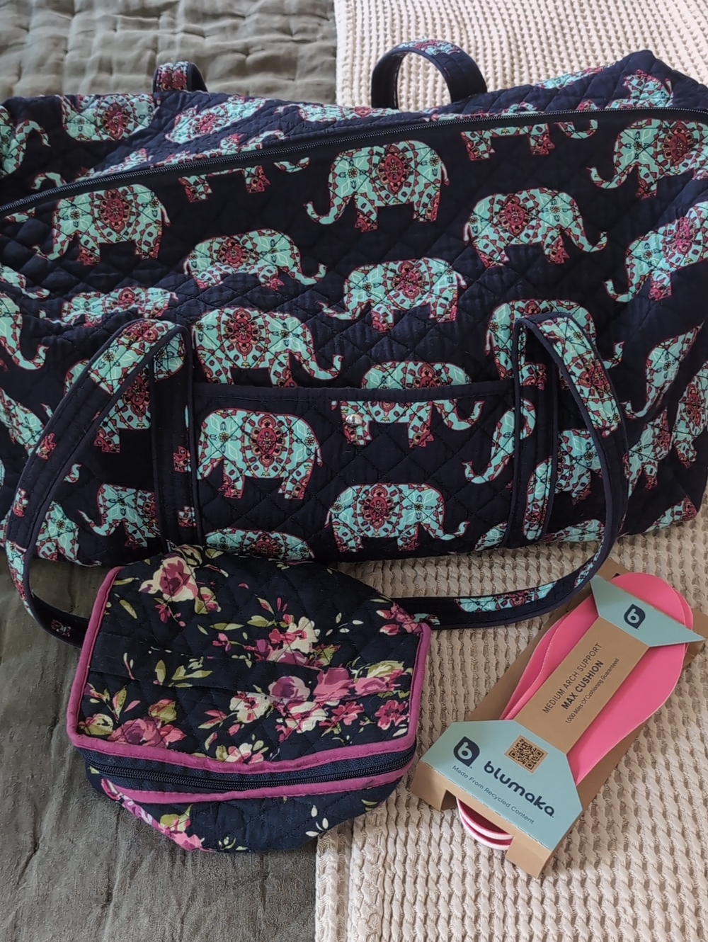 Navy Elephant Quilted Weekender Bag with Floral Toiletry Bag And Insole Cushions
